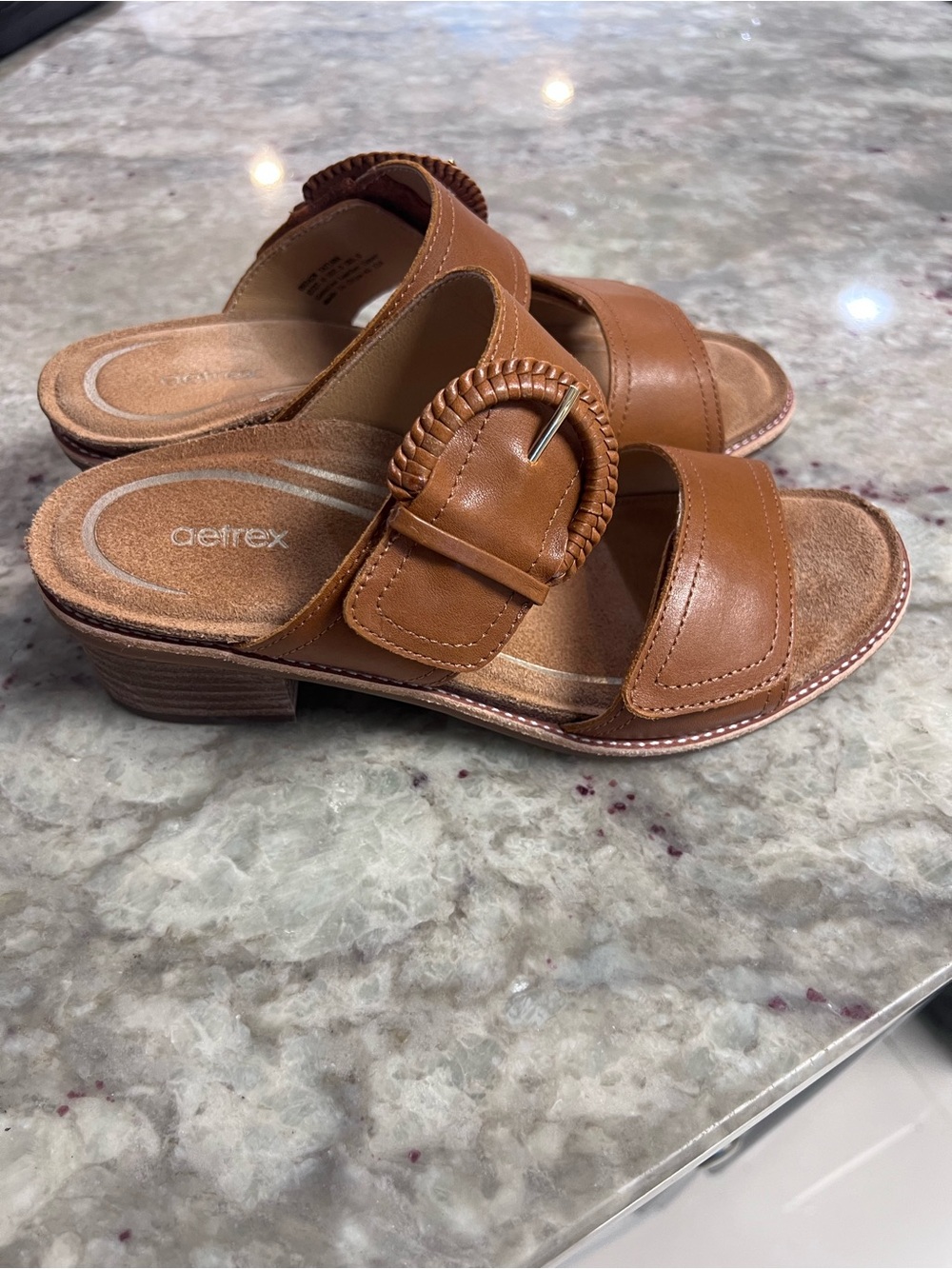 Aetrex Tan Leather Slide Sandals with Buckle